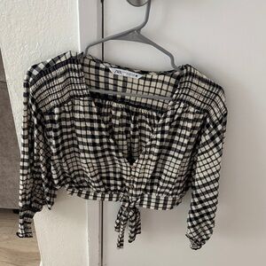 Zara Plaid Black and Cream Blouse